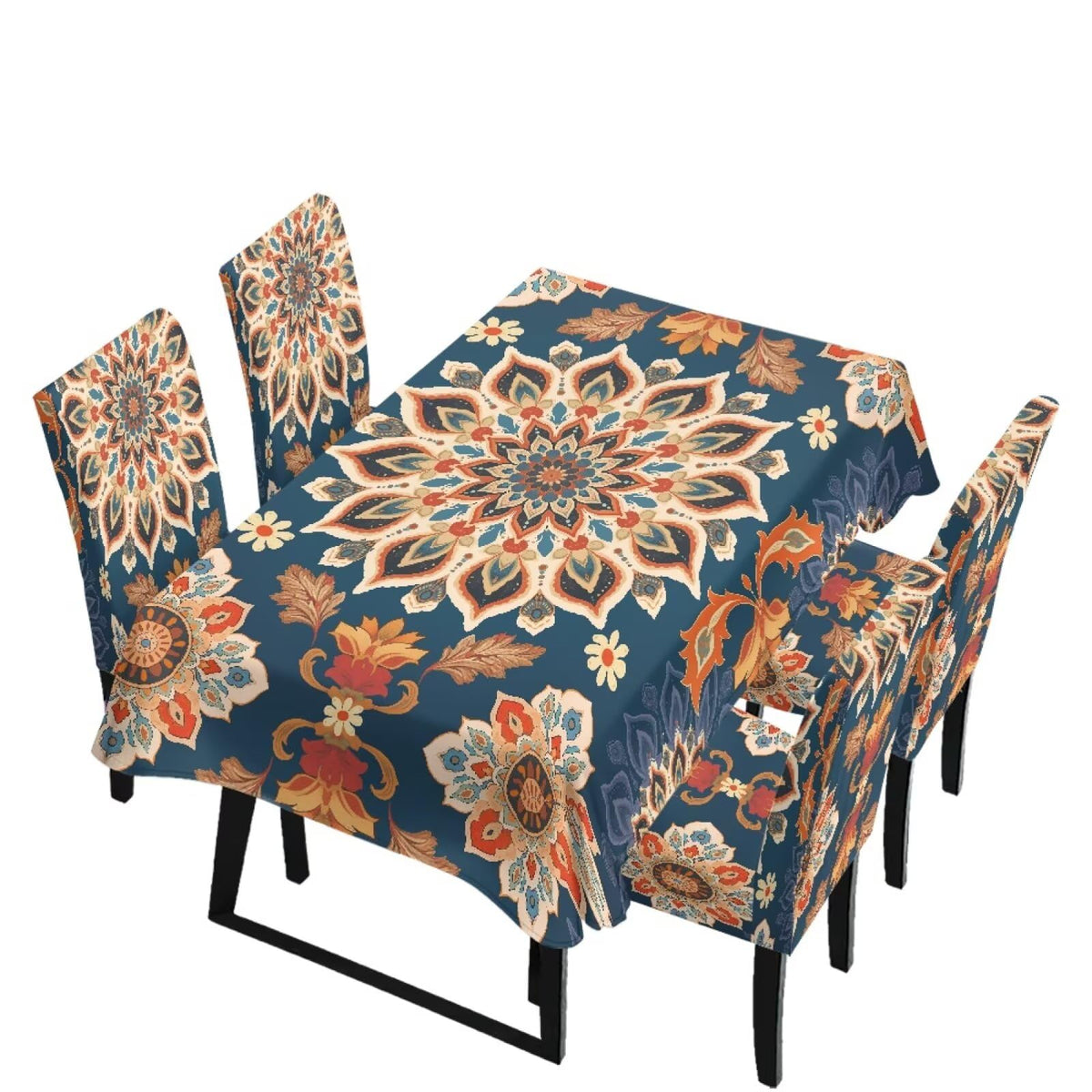 Table Cloth and Dining Chair Covers Set of 5, Kitchen Chair Slipcovers Rectangle Table Cover, Removable Anti-dust Tablecloths Stain Resistant Soft Hotel Decor, Blue Retro Floral