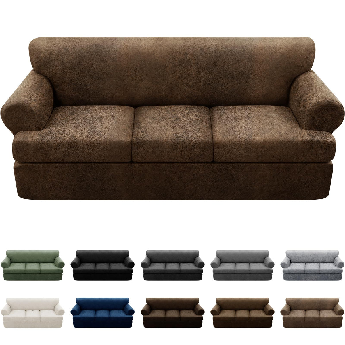 3-Pieces T Cushion Loveseat Slipcovers Leather Look Couch Cover Loveseat Covers for 2 Cushion Couch Furniture Protector Stretch Sofa Cover with 2 Individual T Cushion Seat Covers, Brown