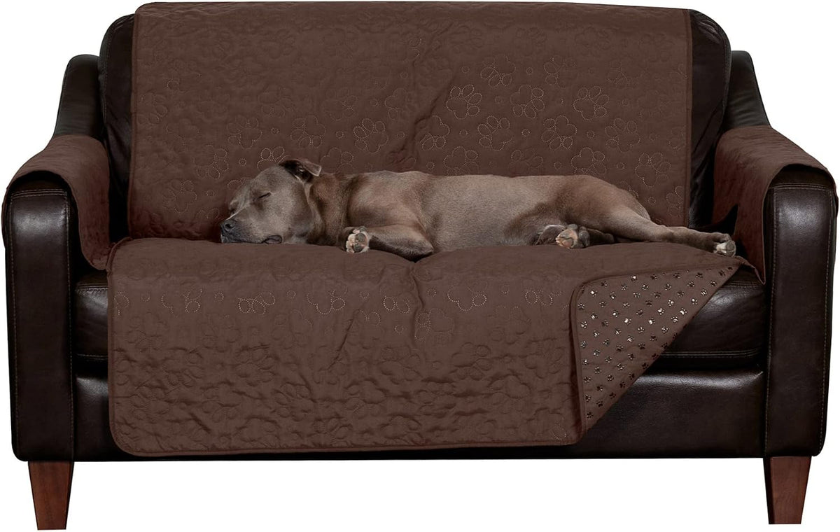Furhaven Waterproof & Non-Slip Loveseat Cover Protector for Dogs, Cats, & Children - Quilted Paw Print Living Room Furniture Cover - Espresso, Loveseat