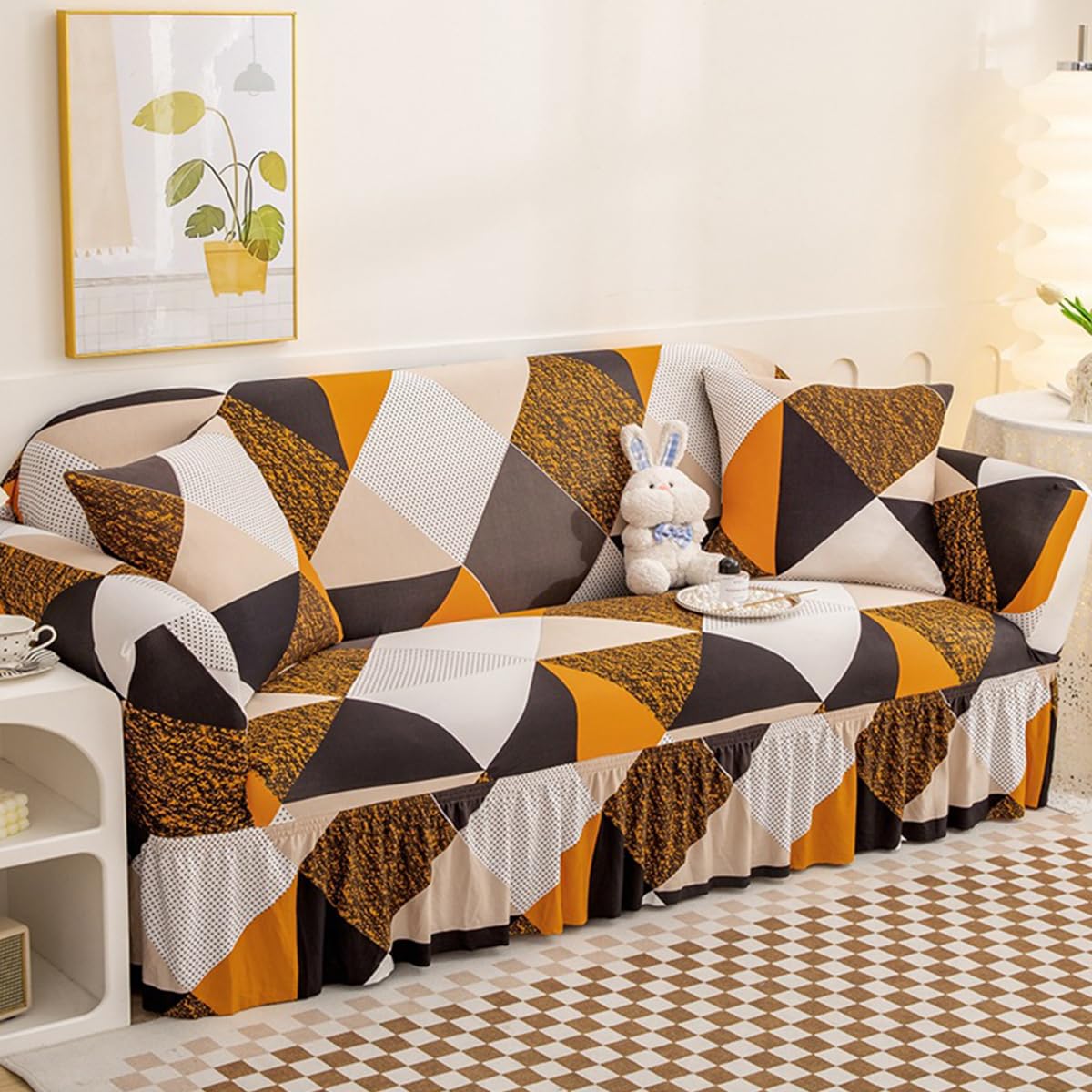 KAIJIE with Skirt 2-Seater Sofa Cover with Four Season Universal Polyester Fabric Jacquard Pattern Anti Slip and Anti pet Modern Furniture Protection Slipcover