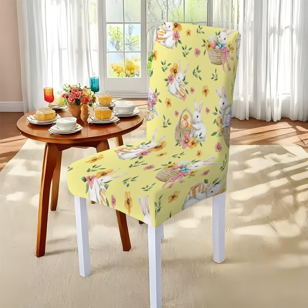 Easter Table Cloth Rectangle Table Set of 7 Include Kitchen Chair Covers and Tablecloths for Dining Room Banquet, Chair Seat Protector Cover, Easter Egg Bunny Floral Print Yellow