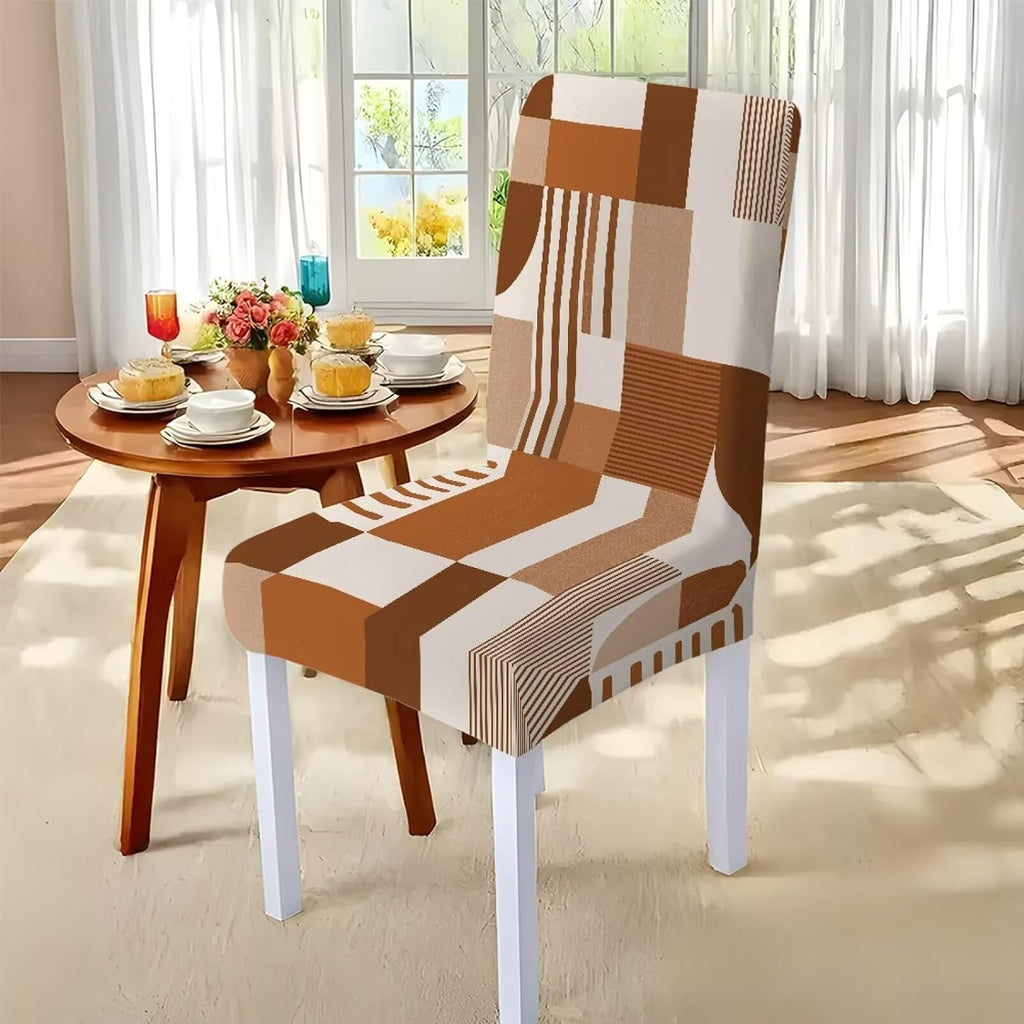 Dining Seat Slipcovers Set of 7 Includes Tablecloths, Removable Dining Room Chair Covers Stain Resistant Table Protector for Home Restaurant, Light Brown Beige Geometry Patchwork