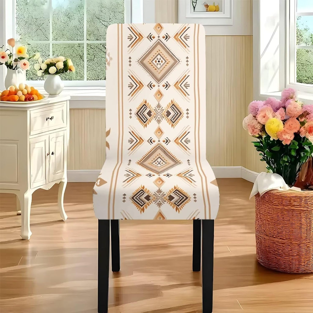 5 Pack Dining Table Cloth Rectangle 4 Seater Includes Kitchen Chair Covers, Stretch Seat Covers for Dining Chairs Anti-dust Washable Table Protector, Tribe Aztec Geometry Print