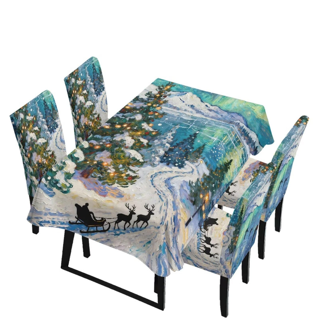 Blue Floral Rectangular Table Cloth & Dining Chair Covers Set of 5, Stain Resistant Wipeable Chair Protectors for Farmhouse Rustic Home Kitchen Party Decor