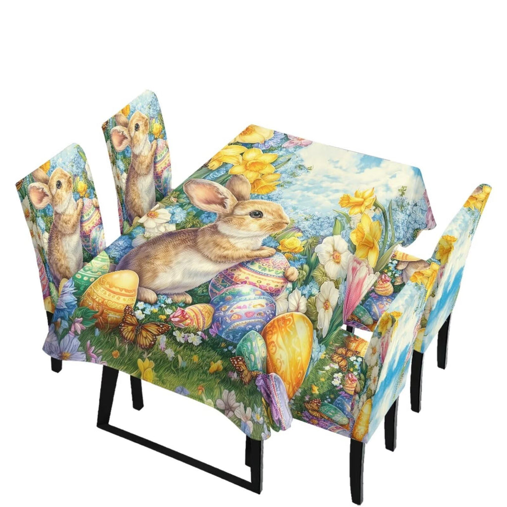 Table Cloth Rectangle Table Set of 7 Include Kitchen Chair Covers and Tablecloths for Dining Room Hotel Banquet, Anti-Scratch Chair Seat Protector Cover, Daisy Hippie Flower Print