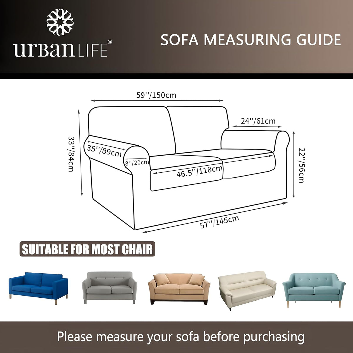 URBANLIFE 1-Piece Stretch Sofa Covers for 2 Cushion Couch, Dusk Blue Gray