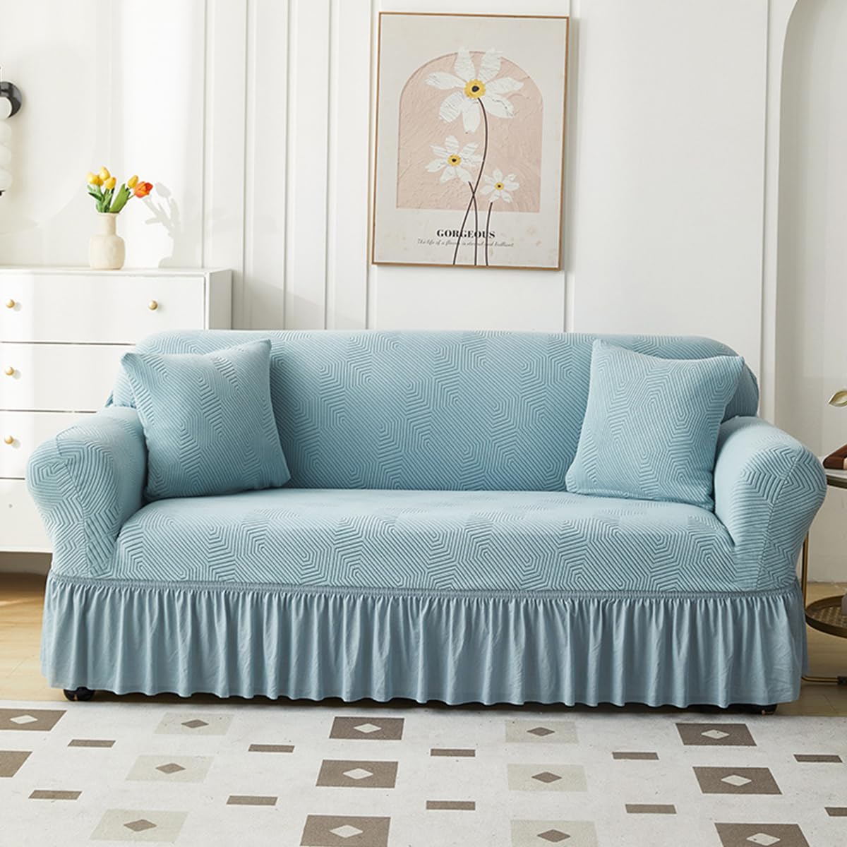 KAIJIE 1 piece Double seat Textured Sofa Slipcover with Ruffle Skirt,Elastic Stretch Fabric，Leaf Pattern Design Thick Anti Slip Protective Cover C-01Haze Blue