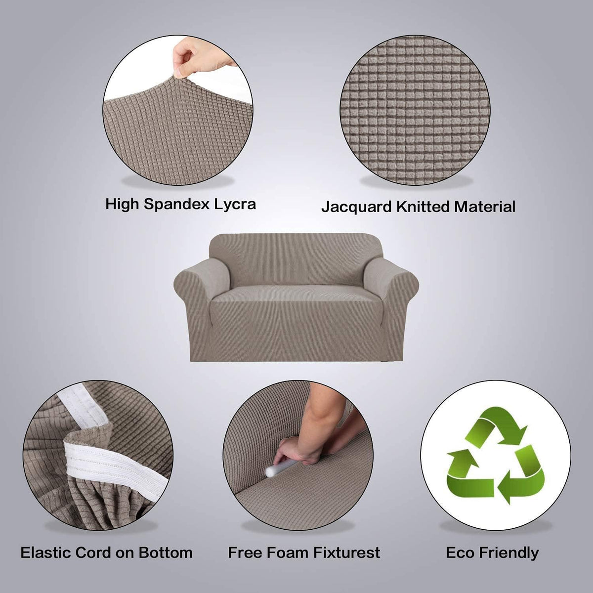 H.VERSAILTEX Stretch Loveseat Cover Bundles Sofa Slipcover, Furniture Protector, Plaid Pattern, Removable and Washable, Taupe