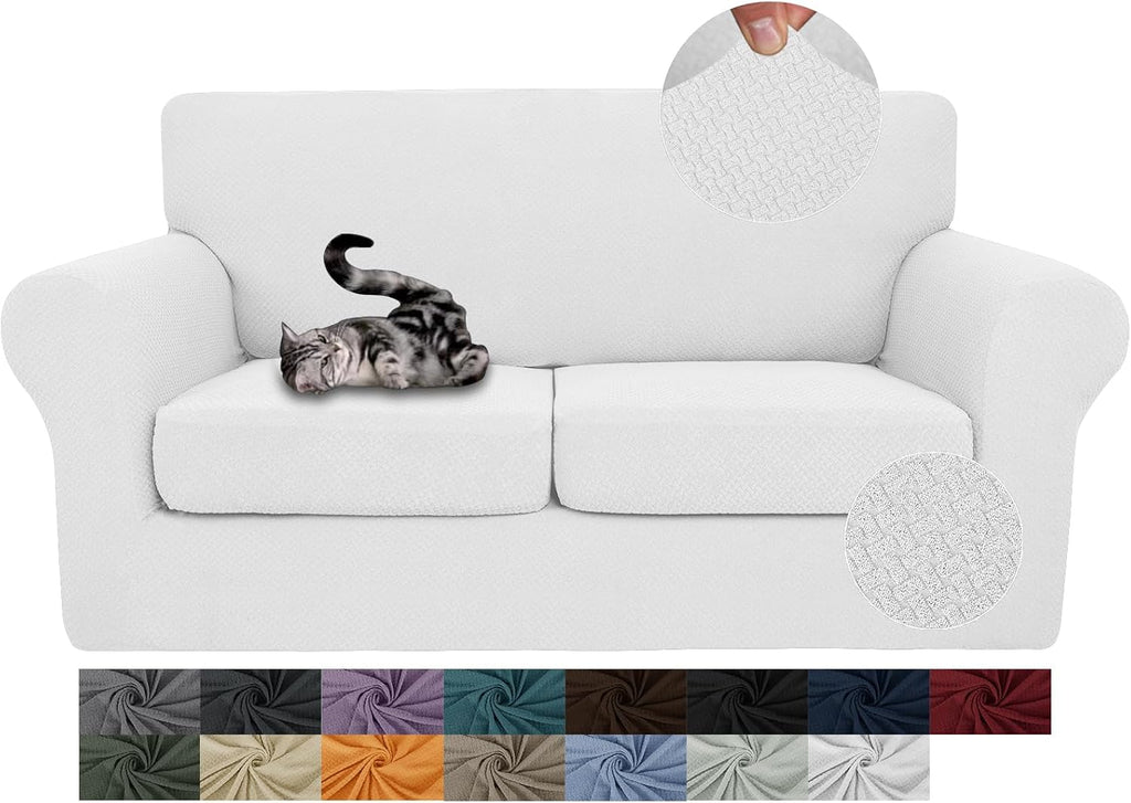 JIVINER 3 Pieces Stretch Couch Covers for 2 Cushion Couch Fitted Thick Loveseat Sofa Slipcover with 2 Seat Cushion Covers for Living Room Pet Dogs (Loveseat, Off White)