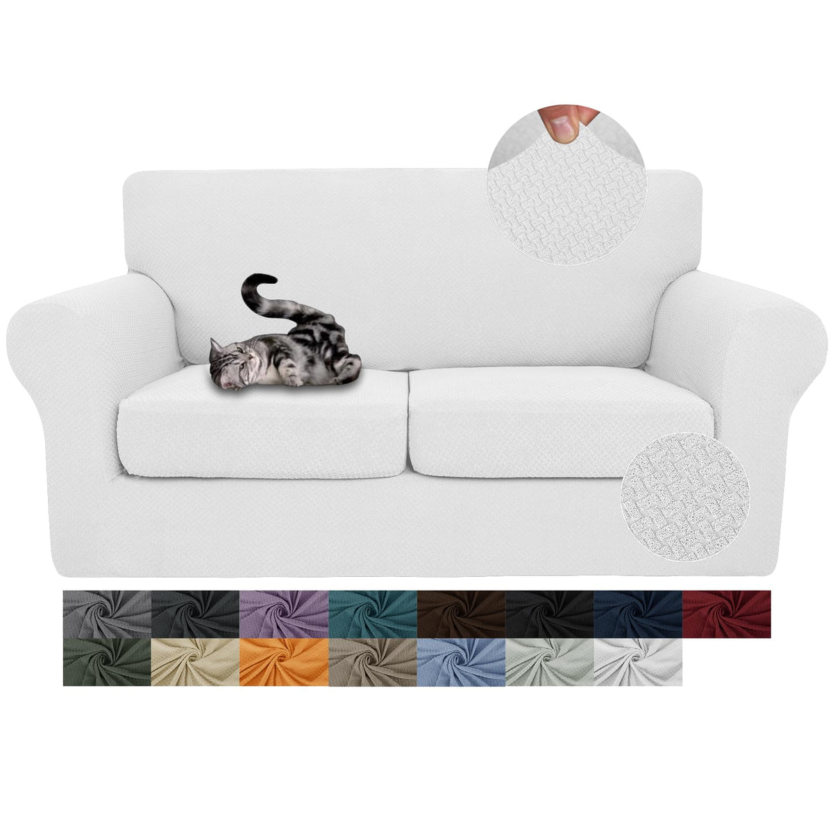 JIVINER 3 Pieces Stretch Couch Covers for 2 Cushion Couch Fitted Thick Loveseat Sofa Slipcover with 2 Seat Cushion Covers for Living Room Pet Dogs (Loveseat, Off White)