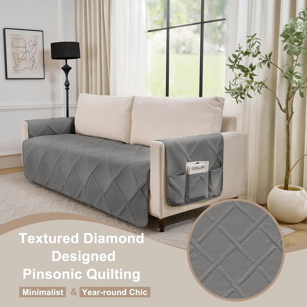 Backless Loveseat Covers for 2 Cushion Couch, Water-Repellent Covers for Leather Sofa Couch, Machine Washable Quilted Couch Covers, Pet Friendly Loveseat Slipcovers (Loveseat 48", Cool Gray)