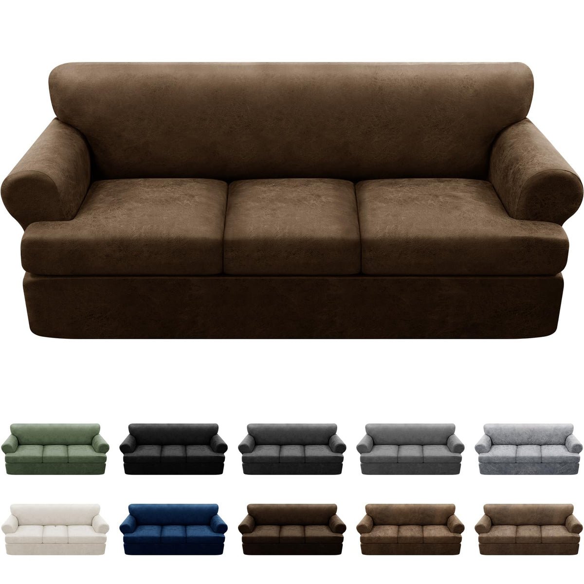 3-Pieces T Cushion Loveseat Slipcovers Leather Look Couch Cover Loveseat Covers for 2 Cushion Couch Furniture Protector Stretch Sofa Cover with 2 Individual T Cushion Seat Covers, Brown