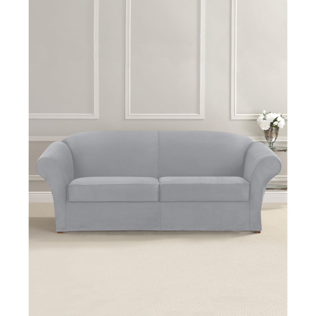 SureFit Home Décor Soft Suede Box Cushion Loveseat One Piece Slipcover, Relaxed Fit, Polyester, Machine Washable, Chocolate Color