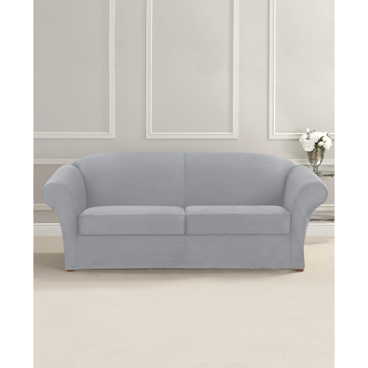 SureFit Home Décor Soft Suede Box Cushion Loveseat One Piece Slipcover, Relaxed Fit, Polyester, Machine Washable, Chocolate Color