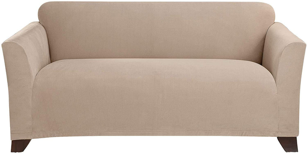 SureFit Form Fit Stretch Morgan Loveseat Slipcover - One Piece Polyester/Spandex Elastic Slipcover, Machine Washable (Loveseat Box Cushion, Ivory Color)