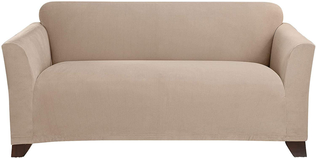 SureFit Form Fit Stretch Morgan Loveseat Slipcover - One Piece Polyester/Spandex Elastic Slipcover, Machine Washable (Loveseat Box Cushion, Ivory Color)
