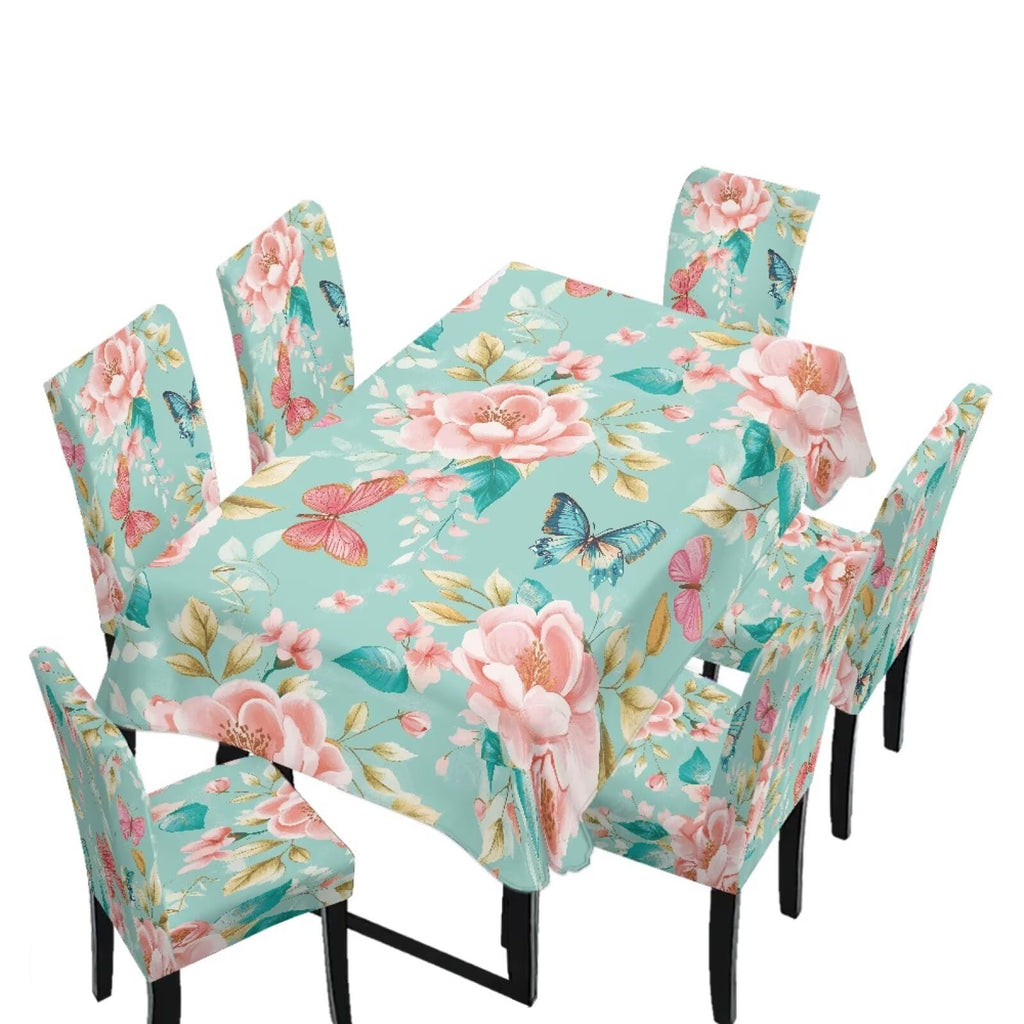 5 Pack Dining Room Chair Cover Set and Table Cloth Rectangle, Dust Proof Machine Washable Tablecloths Comfortable Chair Seat Slipcovers for Restaurant Decor, Abstract Fluid Marble