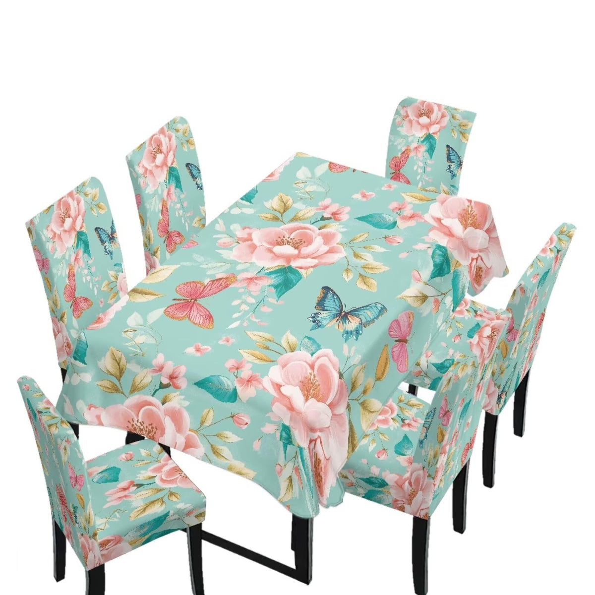 5 Pack Dining Room Chair Cover Set and Table Cloth Rectangle, Dust Proof Machine Washable Tablecloths Comfortable Chair Seat Slipcovers for Restaurant Decor, Abstract Fluid Marble