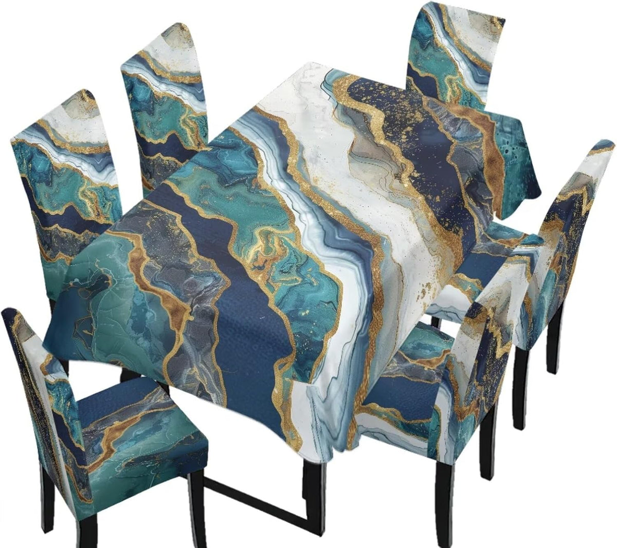 5 Pack Dining Table Cloth Rectangle 4 Seater Includes Kitchen Chair Covers, Stretch Seat Covers for Dining Chairs Anti-dust Washable Table Protector, Tribe Aztec Geometry Print