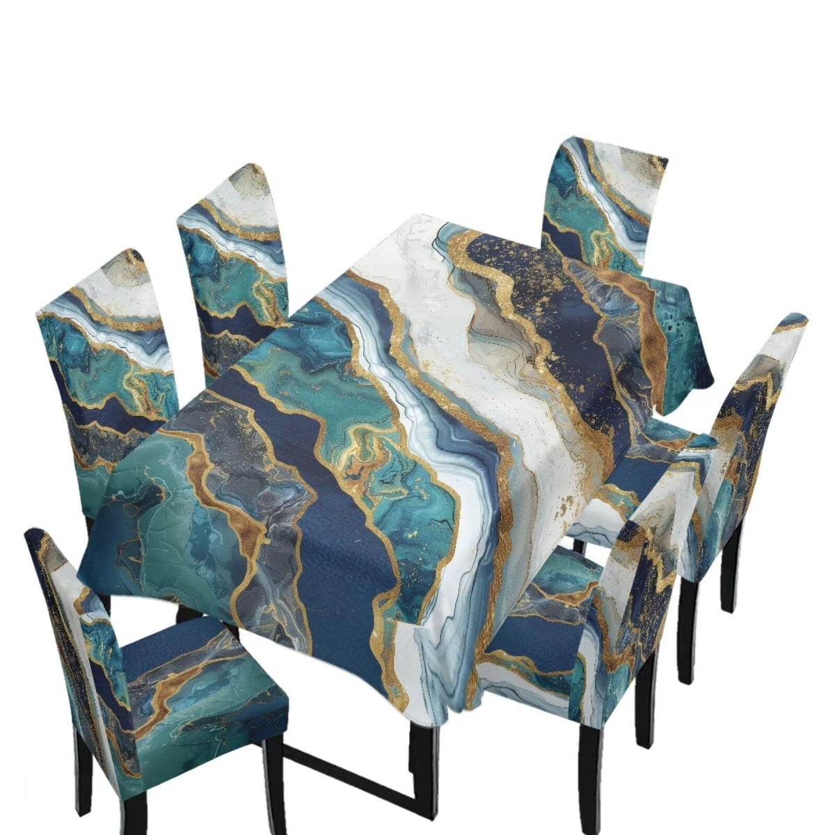 Dining Room Chair Cover and Tablecloths 7 Pack, Stain Resistant Stretch Kitchen Chair Seat Slipcovers Anti-Wrinkle Table Protector for Party, Pastoral Rose Flower Stripes Print Green