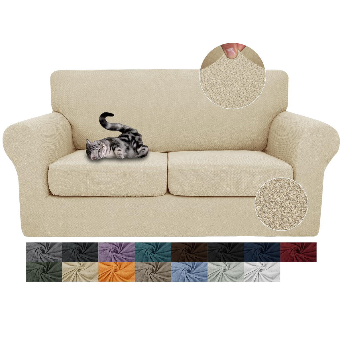 JIVINER 3 Pieces Stretch Couch Covers for 2 Cushion Couch Fitted Thick Loveseat Sofa Slipcover with 2 Seat Cushion Covers for Living Room Pet Dogs (Loveseat, Off White)