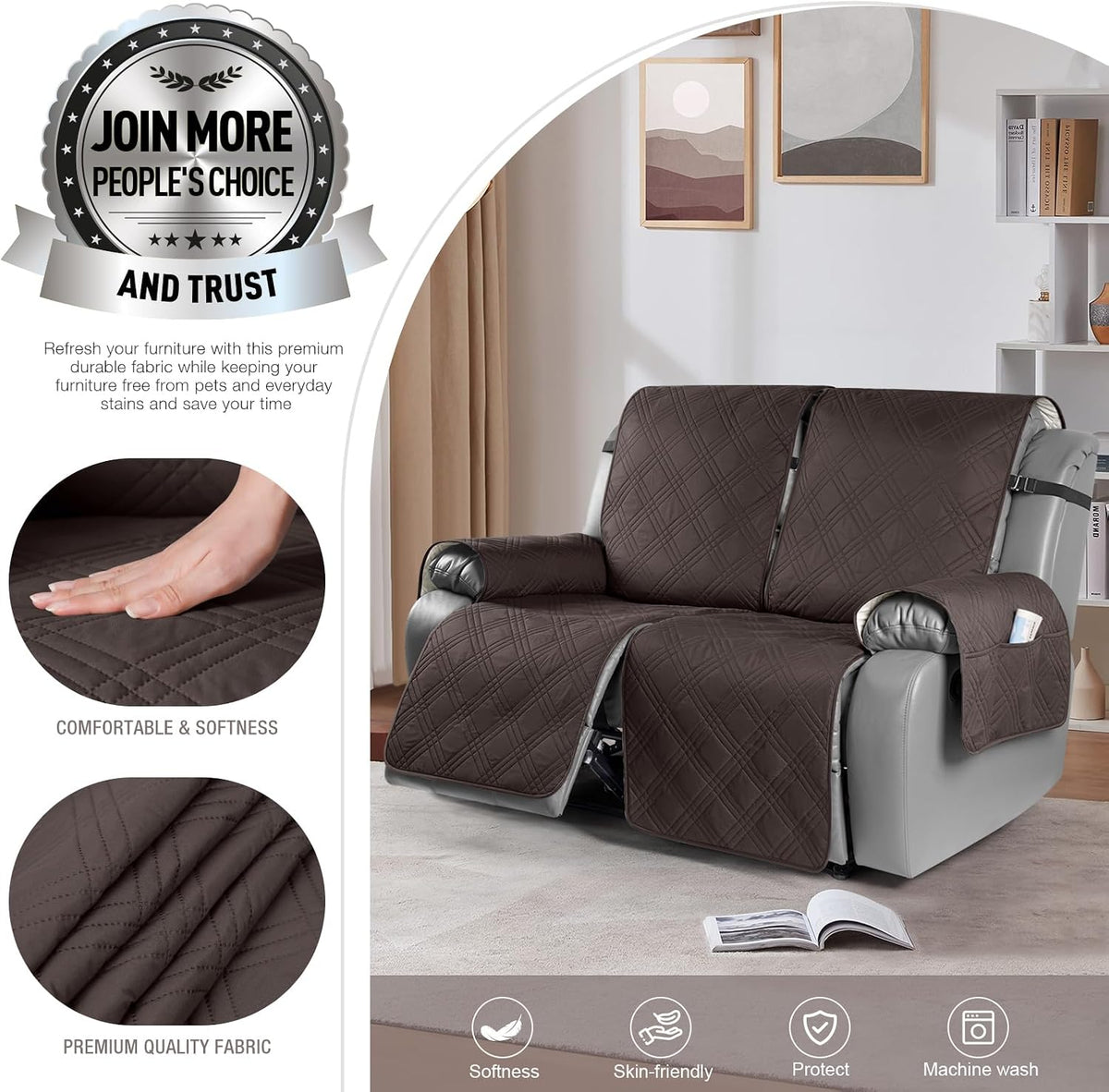 TAOCOCO 100% Waterproof Oversized Loveseat Recliner Cover, Non Slip Split Couch Covers for Reclining Loveseat with Elastic Straps for Kids Pets(Oversized 2 Seater, Chocolate)