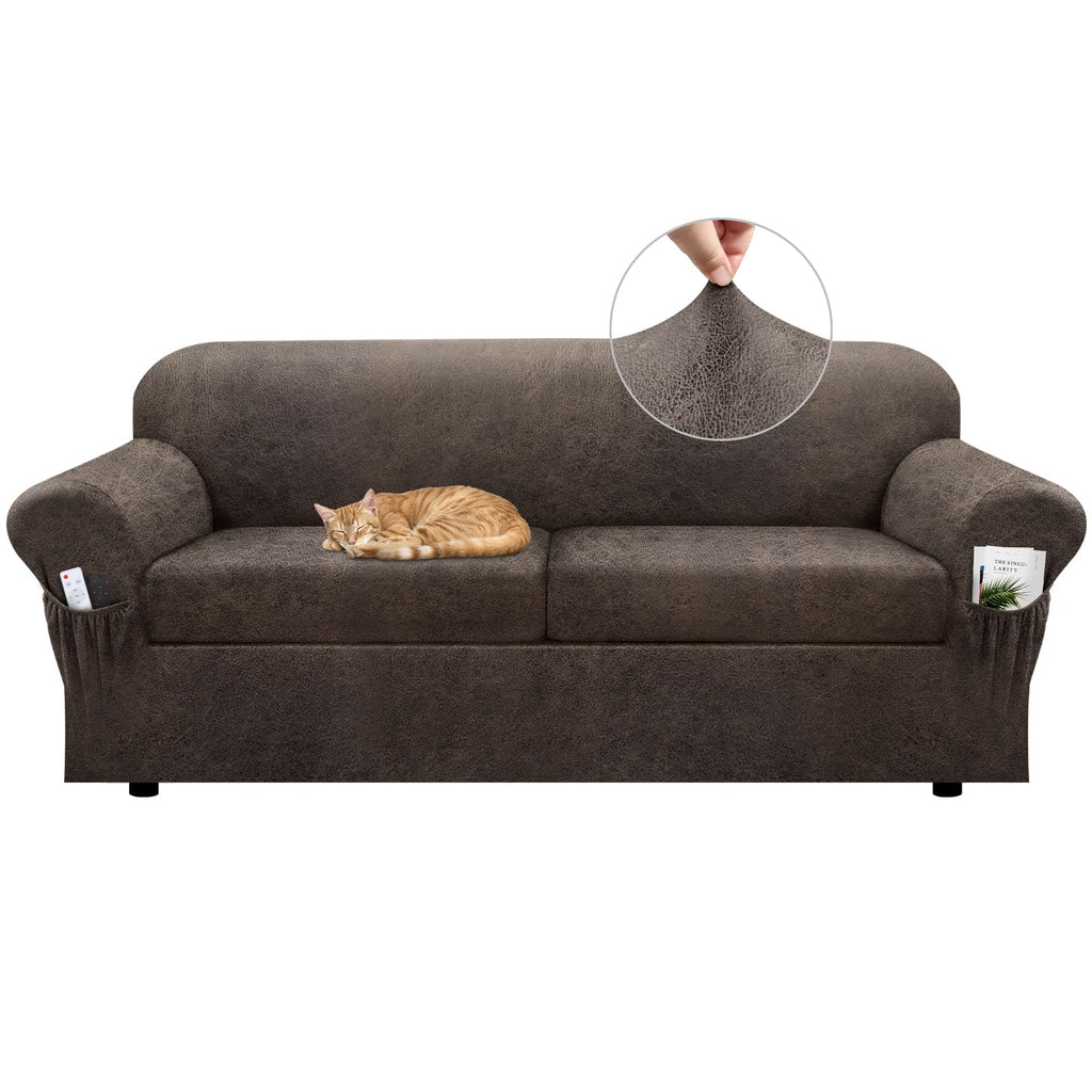 Loveseat Slipcover with Armrest Pockets 3-Piece Set, Stretch Faux Leather Love Seat Covers for 2-Cushion Couches(Fits 58-66") - Non-Slip, Machine Washable, Pet & Kid Friendly - Beige
