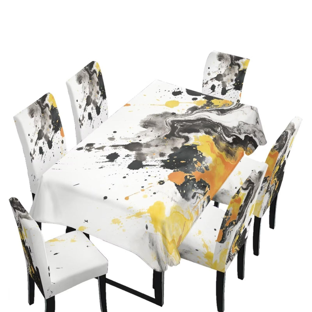 Easter Table Cloth Rectangle Table Set of 7 Include Kitchen Chair Covers and Tablecloths for Dining Room Banquet, Chair Seat Protector Cover, Easter Egg Bunny Floral Print Yellow