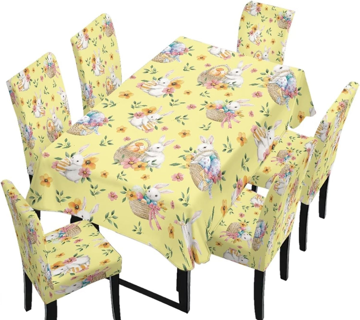 Easter Table Cloth Rectangle Table Set of 7 Include Kitchen Chair Covers and Tablecloths for Dining Room Banquet, Chair Seat Protector Cover, Easter Egg Bunny Floral Print Yellow