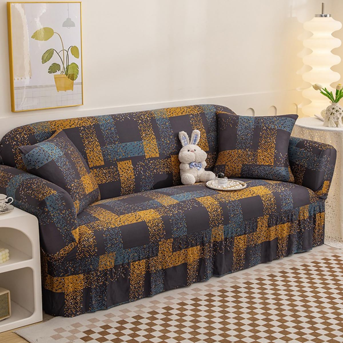 KAIJIE with Skirt 2-Seater Sofa Cover with Four Season Universal Polyester Fabric Jacquard Pattern Anti Slip and Anti pet Modern Furniture Protection Slipcover