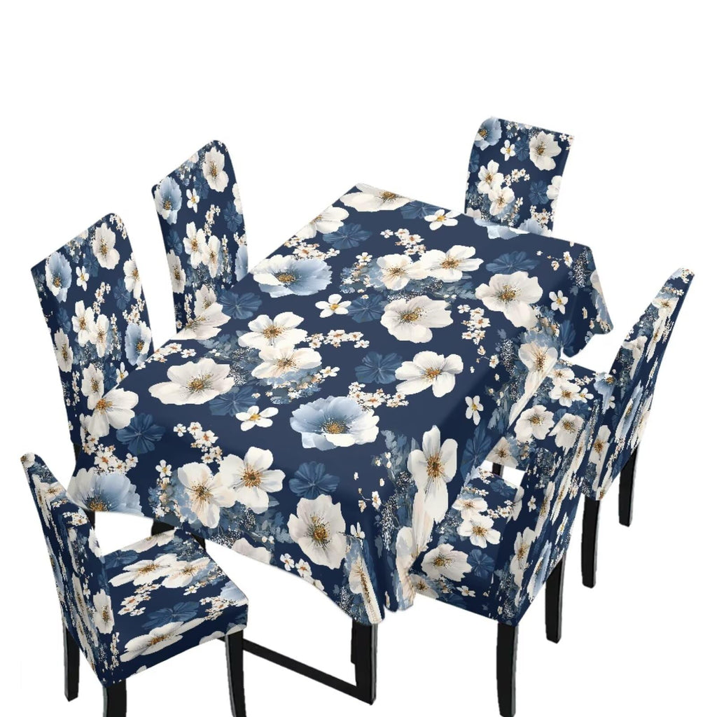 Table Cloth and Dining Chair Covers Set of 5, Kitchen Chair Slipcovers Rectangle Table Cover, Removable Anti-dust Tablecloths Stain Resistant Soft Hotel Decor, Blue Retro Floral