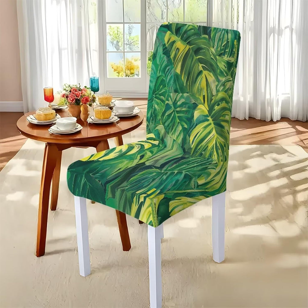 GLENLCWE Monstera Leaf Universal Dining Table Cover with Chairs Dining Table Cover with Chair Covers 7 Pcs, Dust Proof Green Kitchen Party Stretch Elastic Bottom Slipcovers
