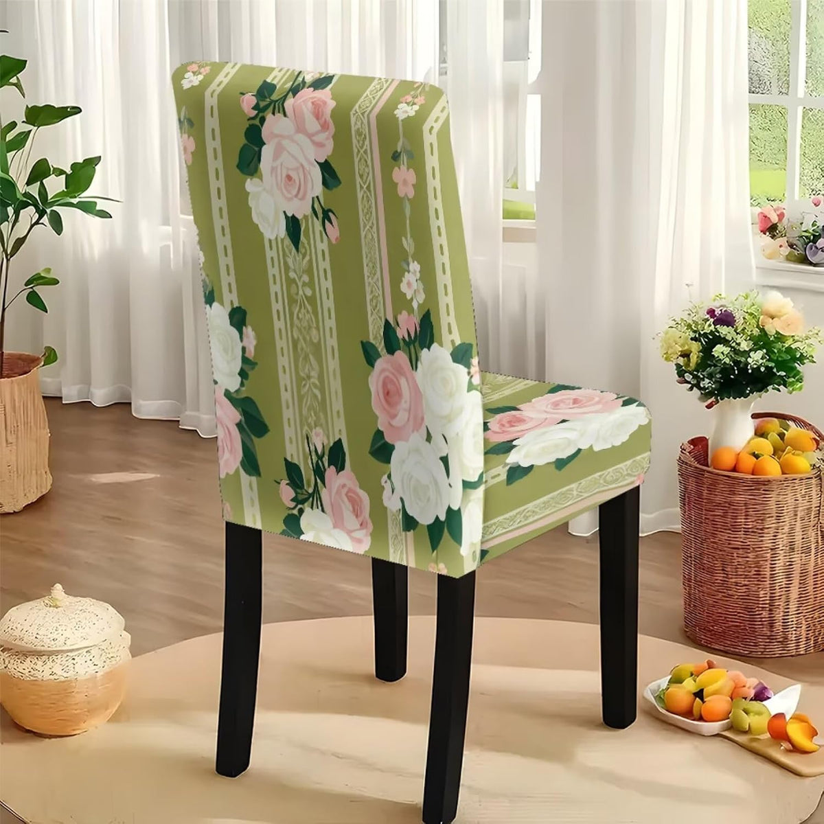 Dining Room Chair Cover and Tablecloths 7 Pack, Stain Resistant Stretch Kitchen Chair Seat Slipcovers Anti-Wrinkle Table Protector for Party, Pastoral Rose Flower Stripes Print Green