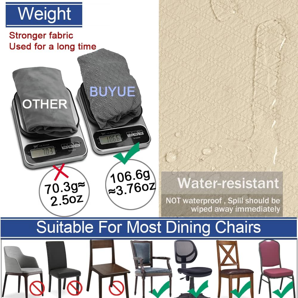 BUYUE Dining Room Chair Seat Covers Set of 6, TPU not Mixed, Friendly Jacquard Fabric Stretch Washable Slipcover for Kitchen Seat Cushions, Beige-6PCS