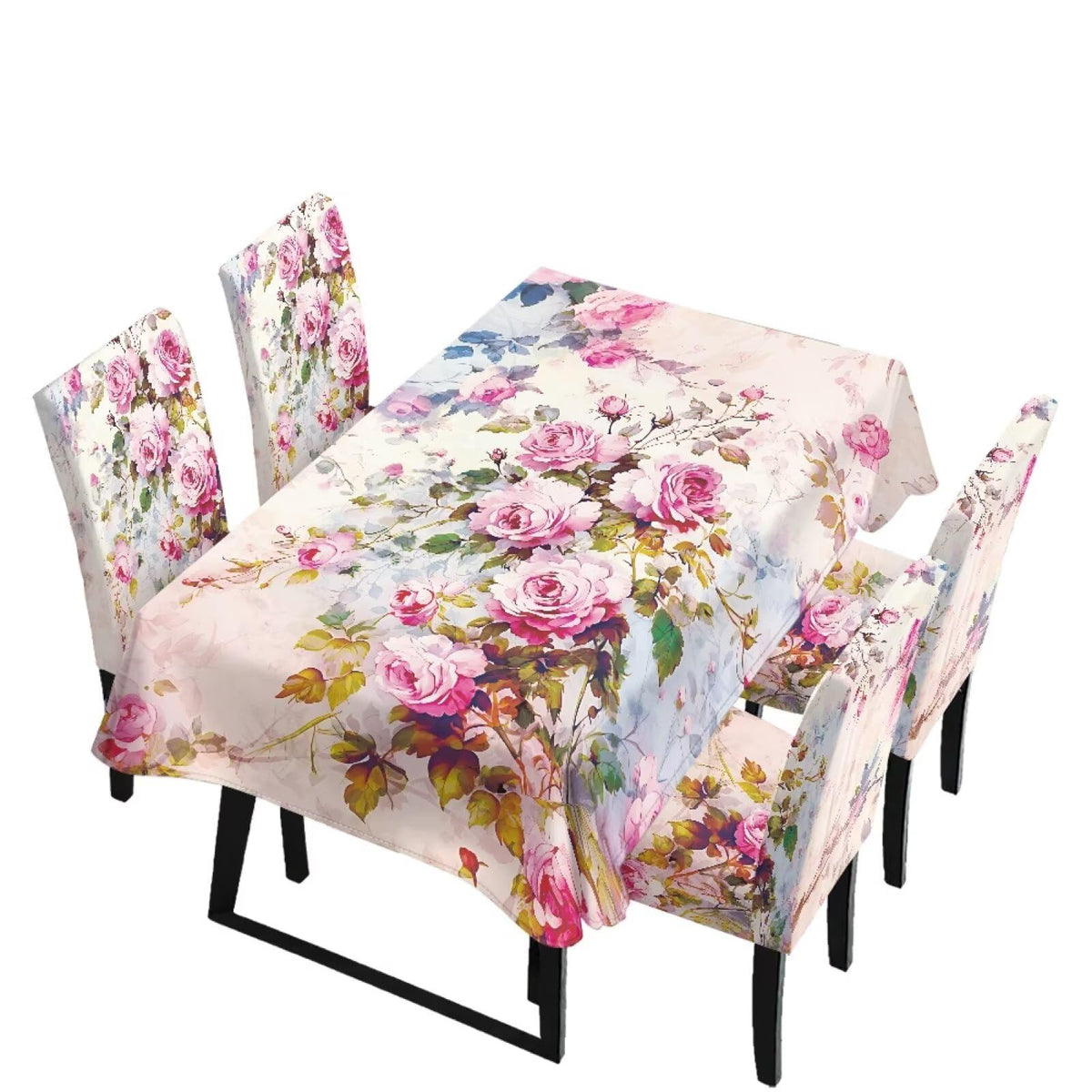 Blue Floral Rectangular Table Cloth & Dining Chair Covers Set of 5, Stain Resistant Wipeable Chair Protectors for Farmhouse Rustic Home Kitchen Party Decor