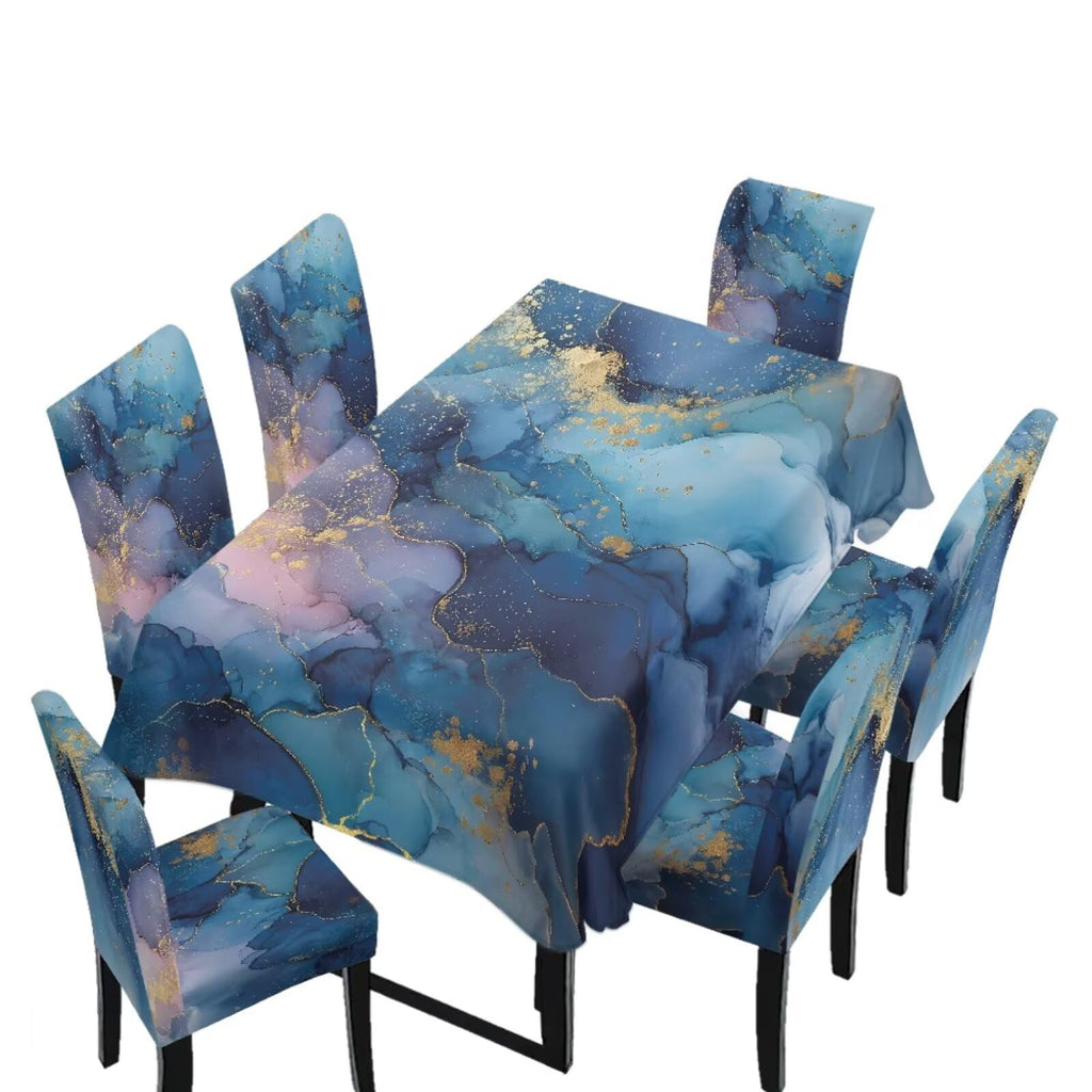 Table Cloth and Dining Chair Covers Set of 5, Kitchen Chair Slipcovers Rectangle Table Cover, Removable Anti-dust Tablecloths Stain Resistant Soft Hotel Decor, Blue Retro Floral