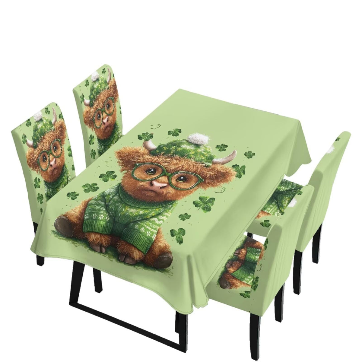 Dining Room Chair Cover and Tablecloths 7 Pack, Stain Resistant Stretch Kitchen Chair Seat Slipcovers Anti-Wrinkle Table Protector for Party, Pastoral Rose Flower Stripes Print Green