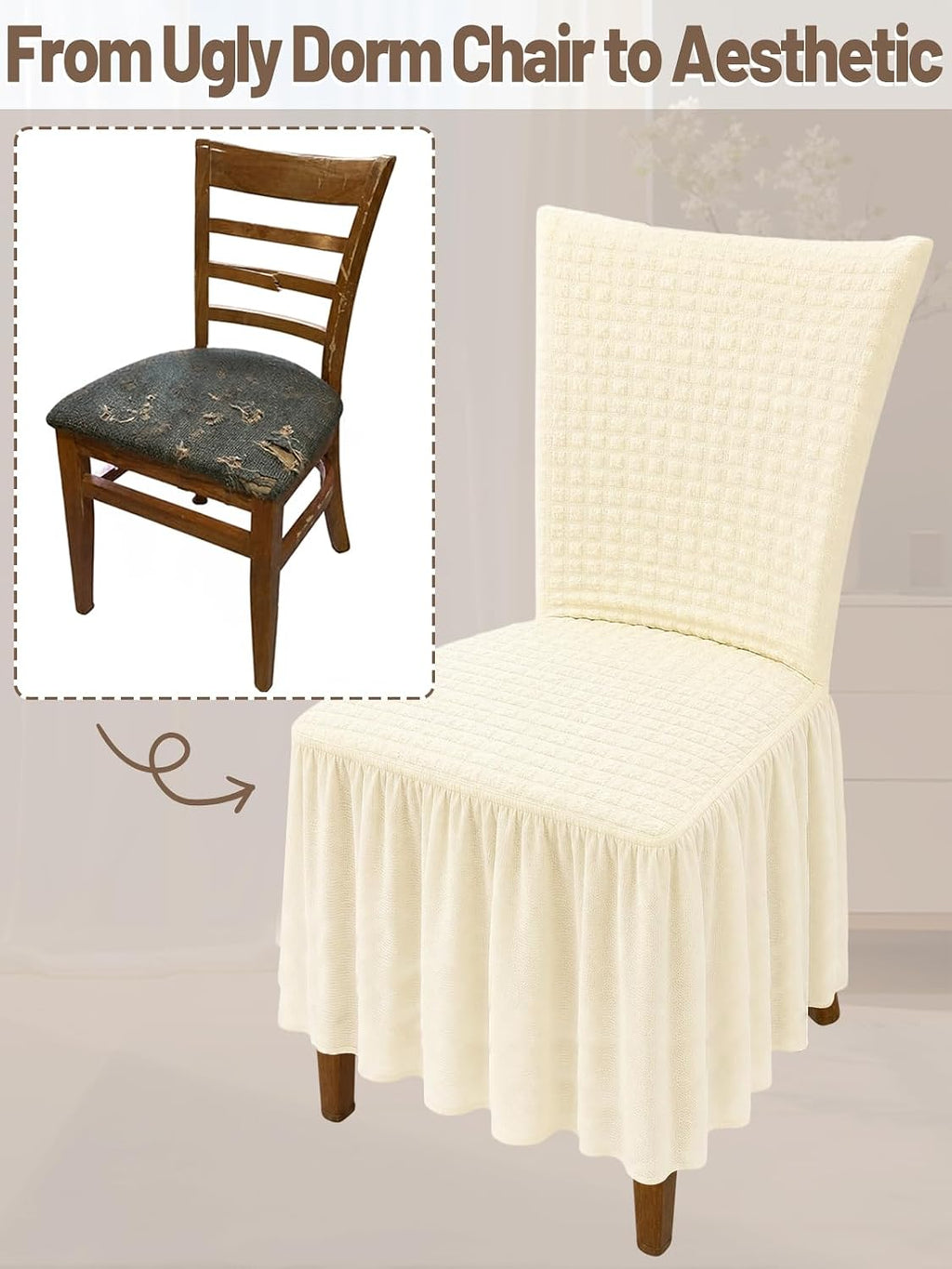 ANPHSIN Stretchable Chair Covers for Dining Chairs, with Skirt, 1Pcs Beige
