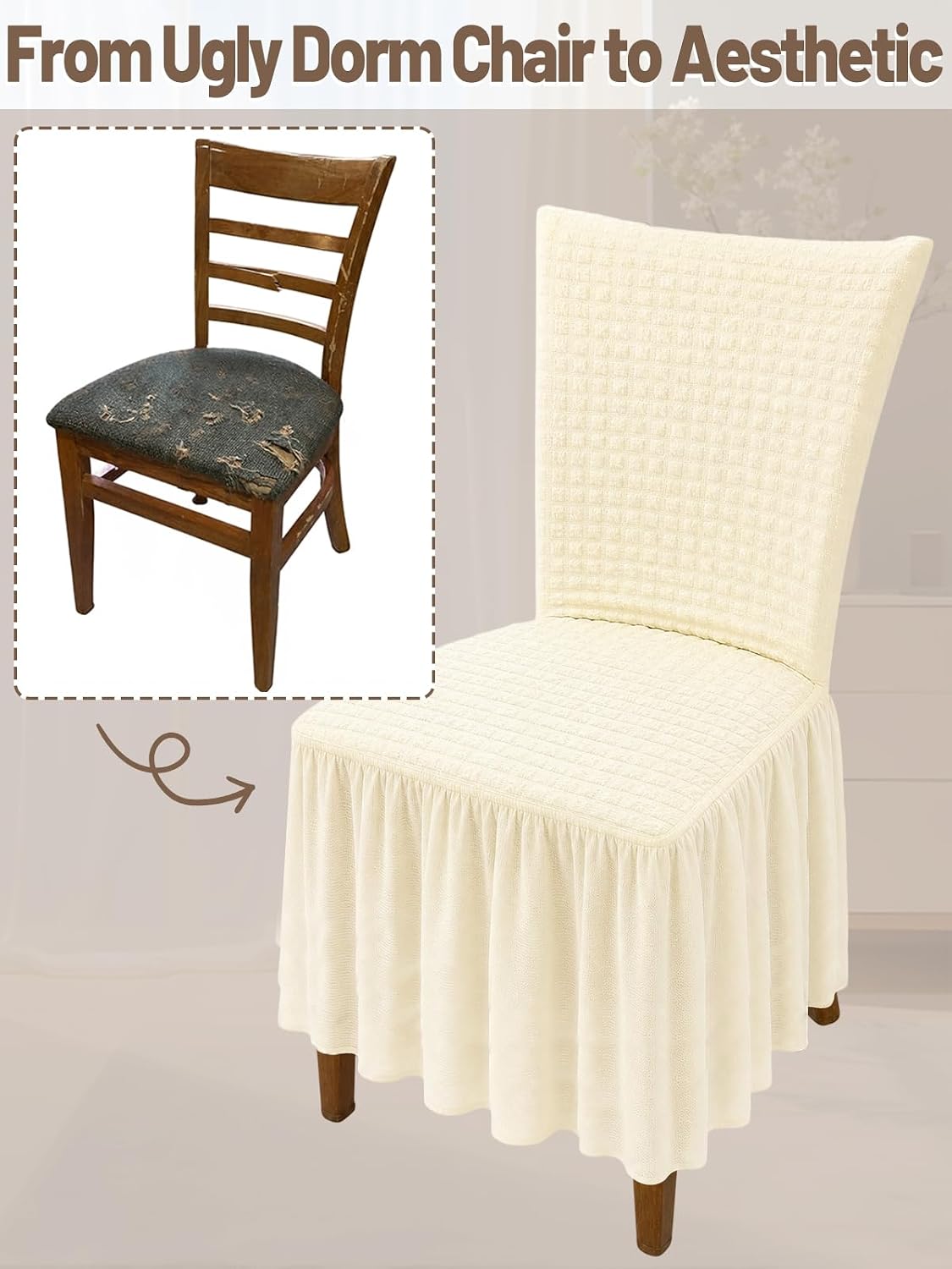 ANPHSIN Stretchable Chair Covers for Dining Chairs, with Skirt, 1Pcs Beige