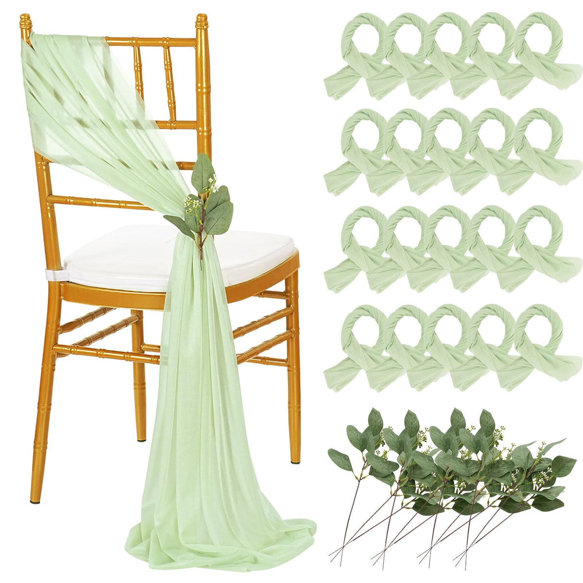 QueenDream White Chair Sashes Wedding Aisle Decorations: 24 Packs 8ft Long Draping Fabric Sheer Church Chair Cover Bulk for Party Banquet