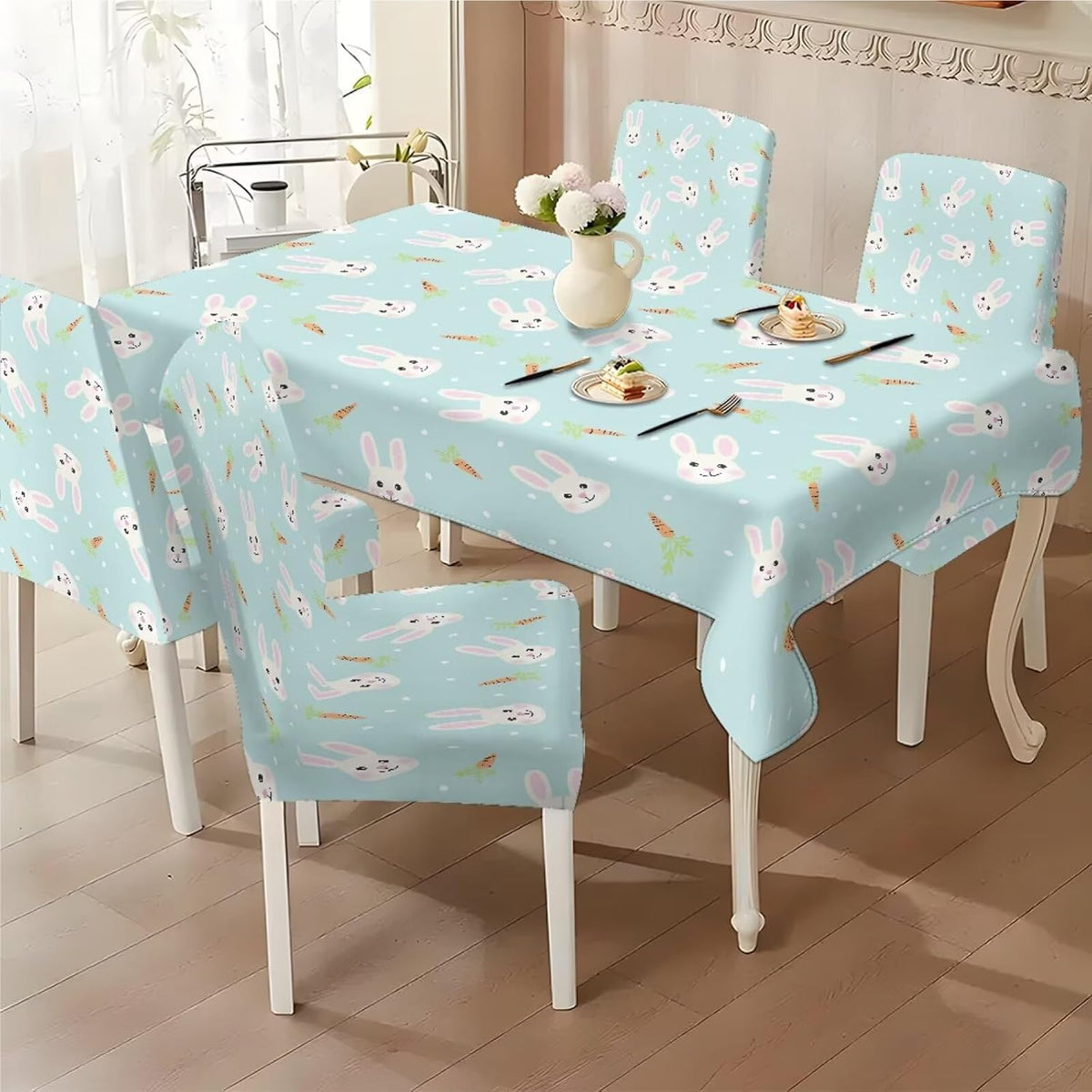 Table Cloth Rectangle Table Set of 5 Include Kitchen Chair Covers and Tablecloths for Dining Room Easter Decor, Anti-Scratch Chair Seat Protector Cover, Blue Cartoon Rabbit Carrot Dot