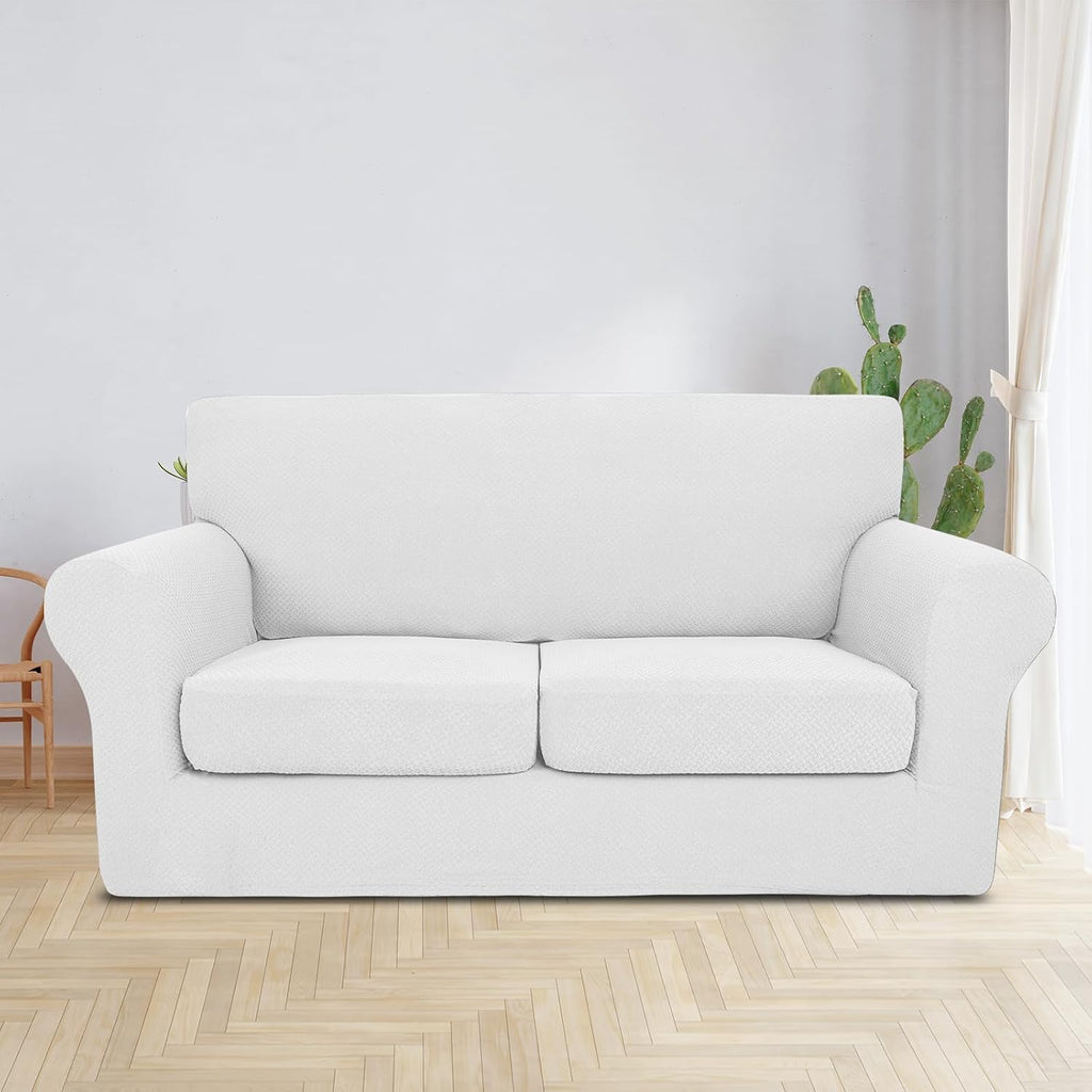 JIVINER 3 Pieces Stretch Couch Covers for 2 Cushion Couch Fitted Thick Loveseat Sofa Slipcover with 2 Seat Cushion Covers for Living Room Pet Dogs (Loveseat, Off White)
