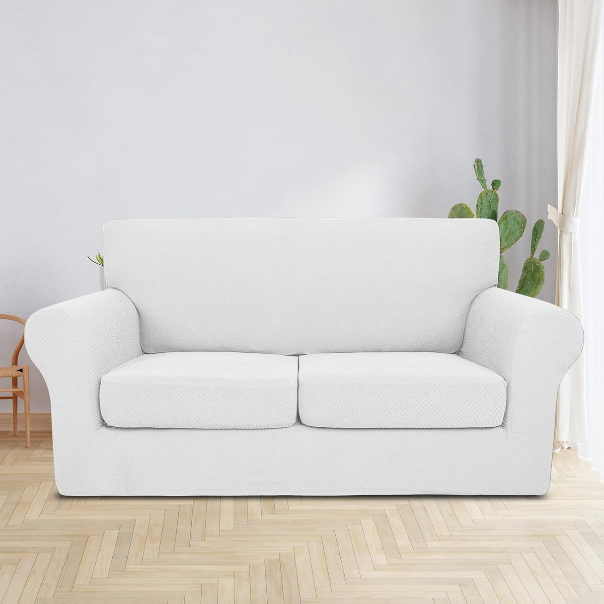 JIVINER 3 Pieces Stretch Couch Covers for 2 Cushion Couch Fitted Thick Loveseat Sofa Slipcover with 2 Seat Cushion Covers for Living Room Pet Dogs (Loveseat, Off White)