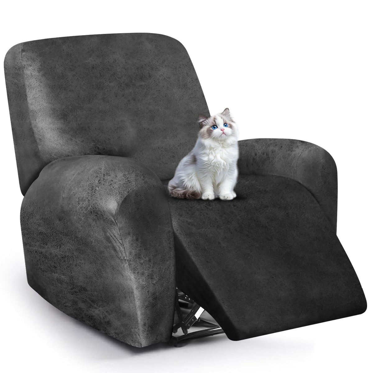 ANARACHON Leather Look Loveseat Recliner Cover, 6-Pieces Stretch Dual Recliner Sofa Covers, Soft Reclining Couch Slipcover, Washable Furniture Protector for Pets (2 Seater,256 Black)