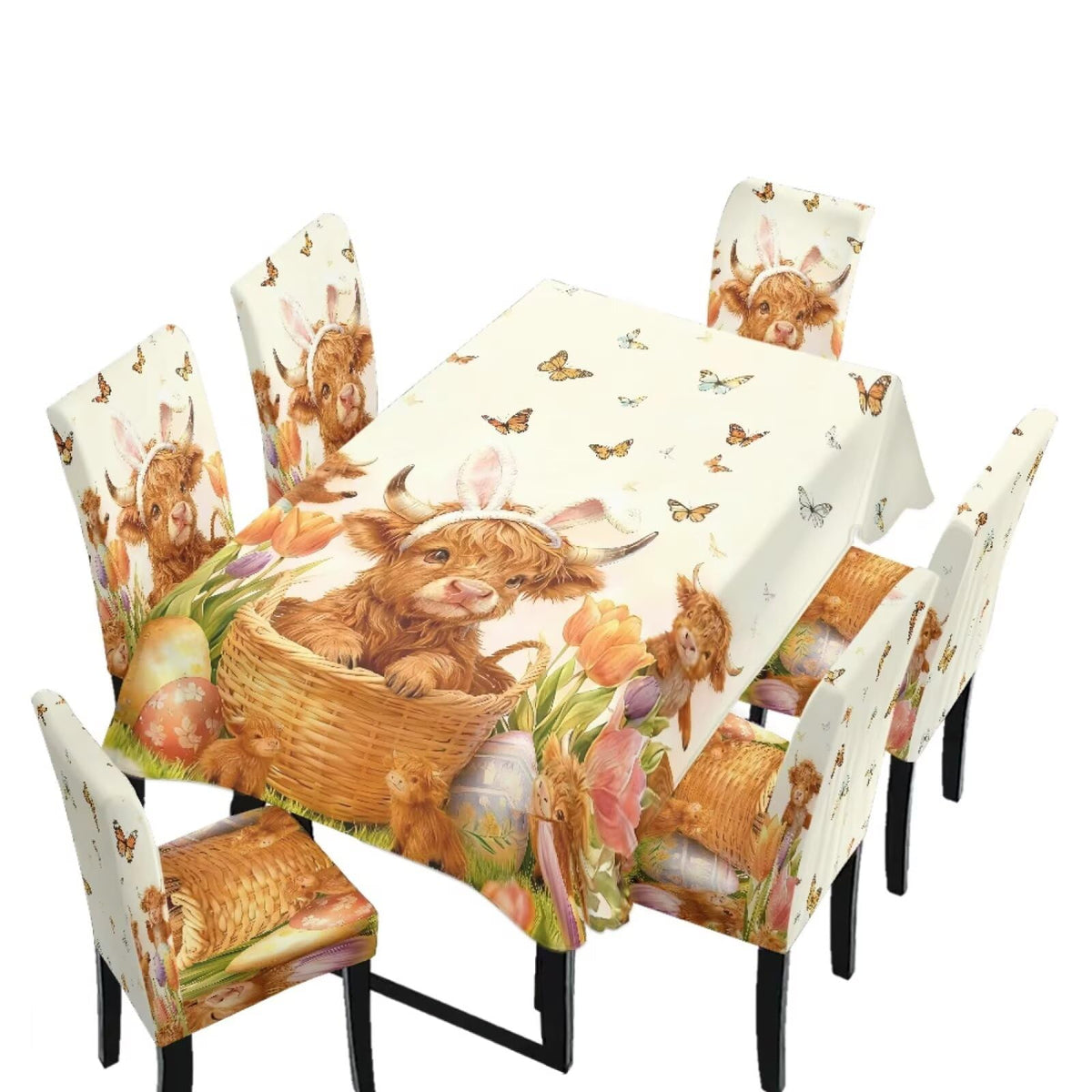 Table Cloth and Dining Chair Covers Set of 5, Kitchen Chair Slipcovers Rectangle Table Cover, Removable Anti-dust Tablecloths Stain Resistant Soft Hotel Decor, Retro Geometry Flower