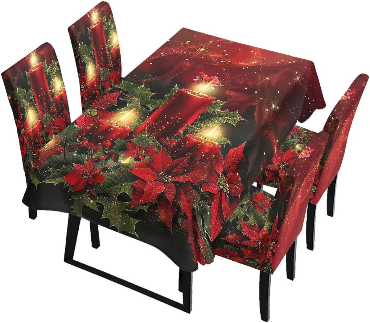 Fitted Tablecloth with Chair Covers Set,Christmas Candle Washable Dining Room Chair Covers Set of 4/6 with Farmhouse Table Cover for Home Hotel Restaurant, 5pcs/7pcs