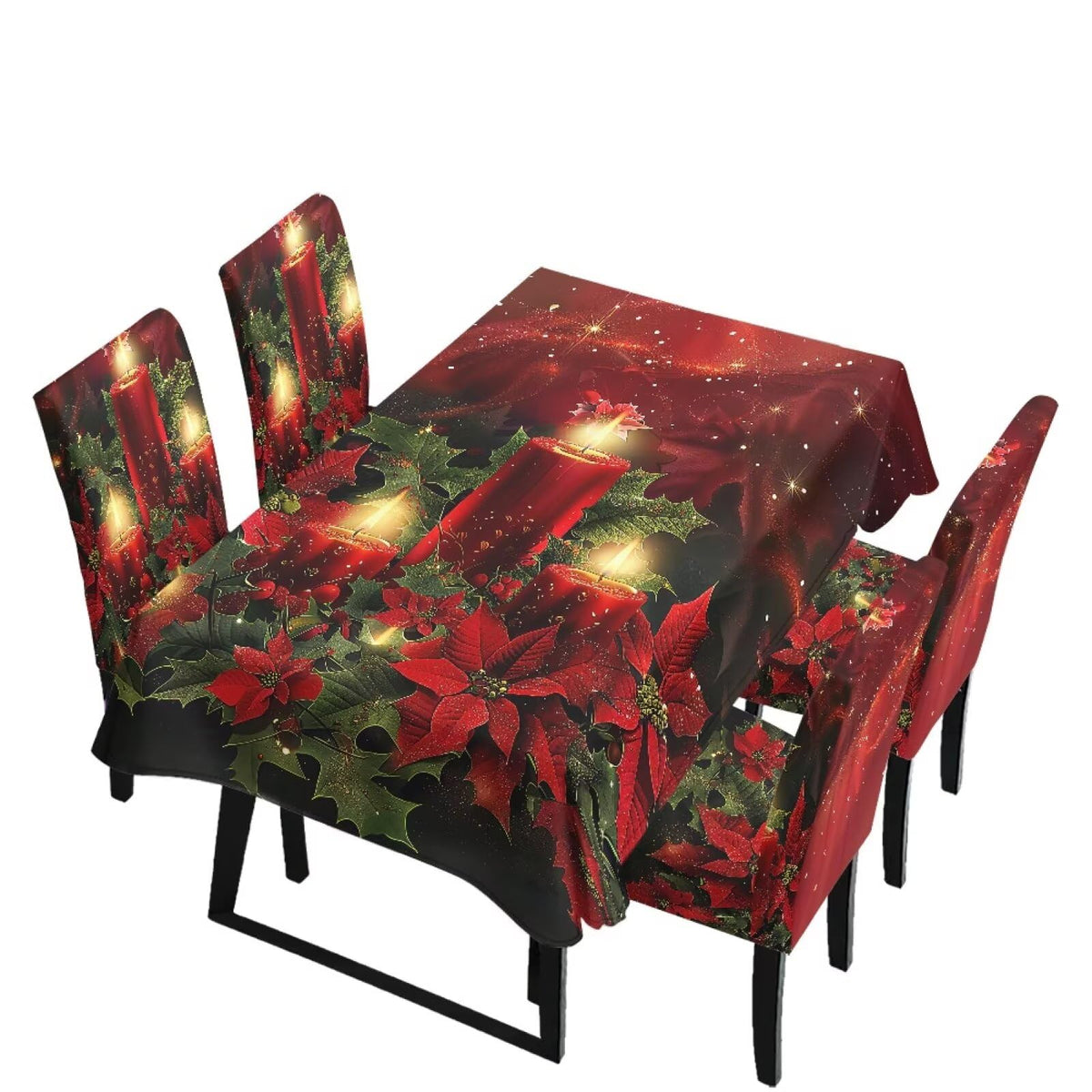 Fitted Tablecloth with Chair Covers Set,Christmas Candle Washable Dining Room Chair Covers Set of 4/6 with Farmhouse Table Cover for Home Hotel Restaurant, 5pcs/7pcs