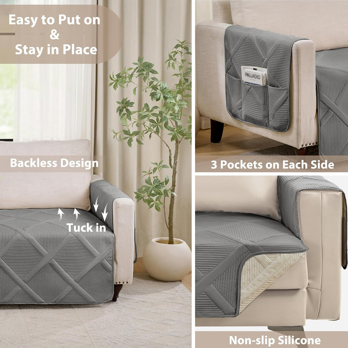 Backless Loveseat Covers for 2 Cushion Couch, Water-Repellent Covers for Leather Sofa Couch, Machine Washable Quilted Couch Covers, Pet Friendly Loveseat Slipcovers (Loveseat 48", Cool Gray)