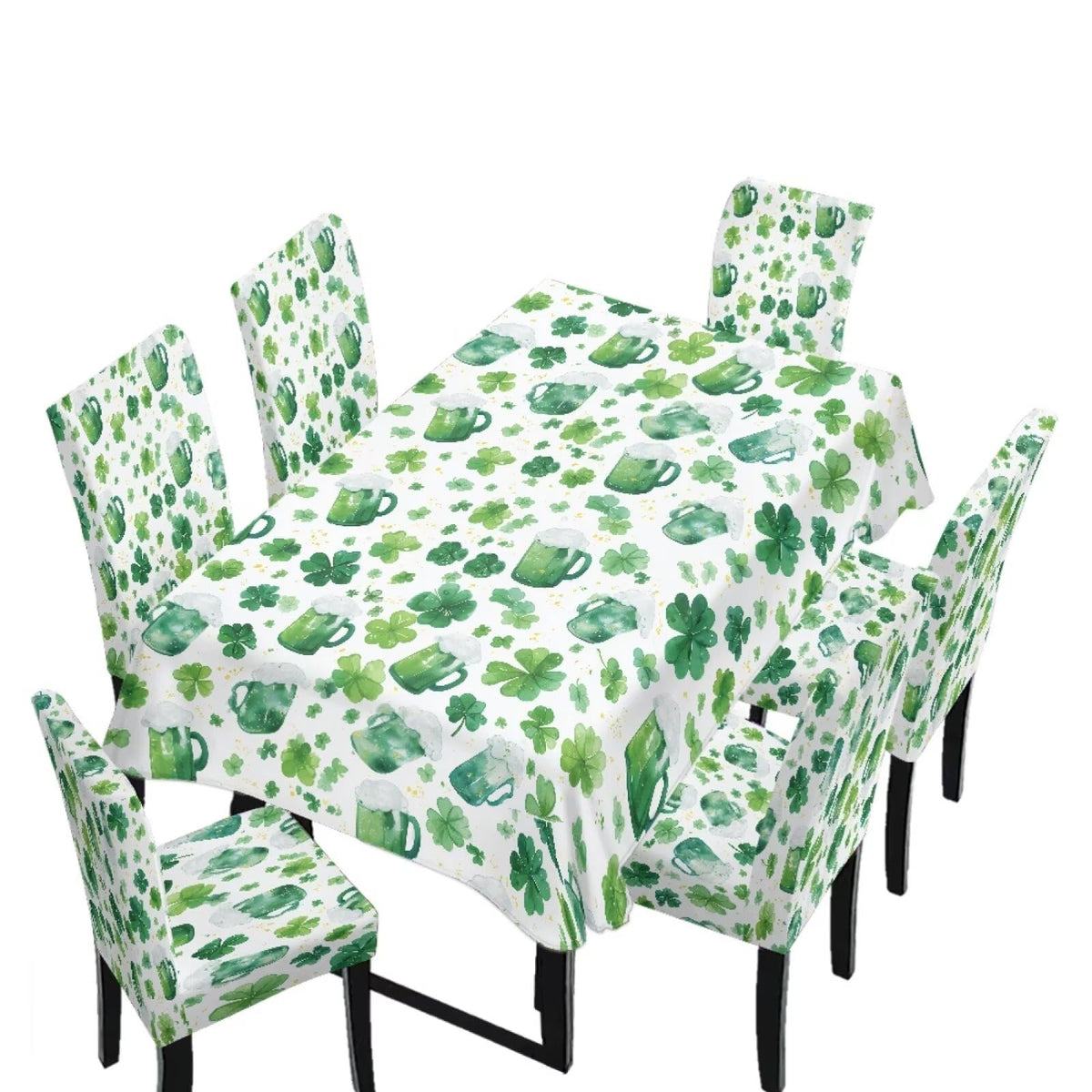Table Cloth Rectangle Table Set of 7 Include Dining Chair Covers and Tablecloths for Dining Room Kitchen Banquet, Anti-Scratch Chair Seat Cover, Fluid Marble Print Green Gold Brown