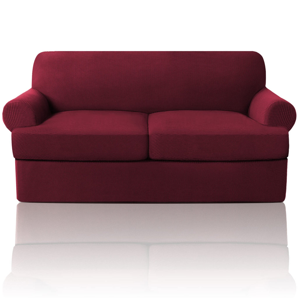PrinceDeco T Cushion Loveseat Slipcover - 3 Pieces Sofa Cover for 2 Cushion Couch with 2 Individual T Shape Seat Covers Width Up to 76 Inch - Stretch, Machine Washable, Porcelain